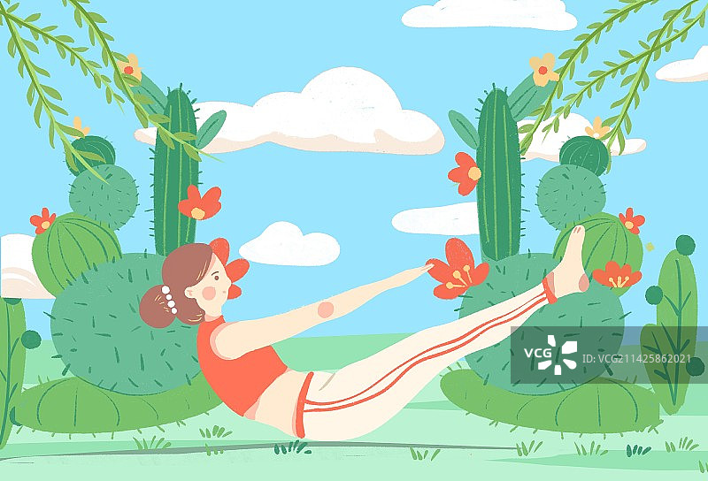 女孩在蓝天户外做瑜伽运动生活方式清新插画图片素材
