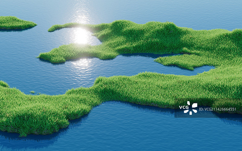 茂盛的草地与湖泊3D渲染图片素材