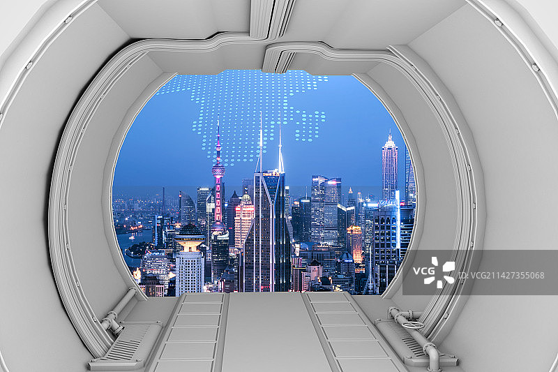 科技隧道空间远眺上海城市建筑风光图片素材