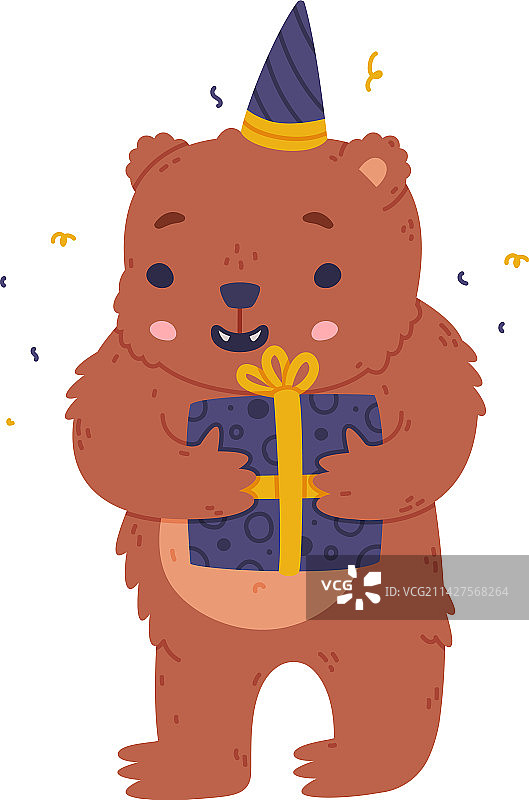 可爱的小熊在派对帽子站与礼盒图片素材