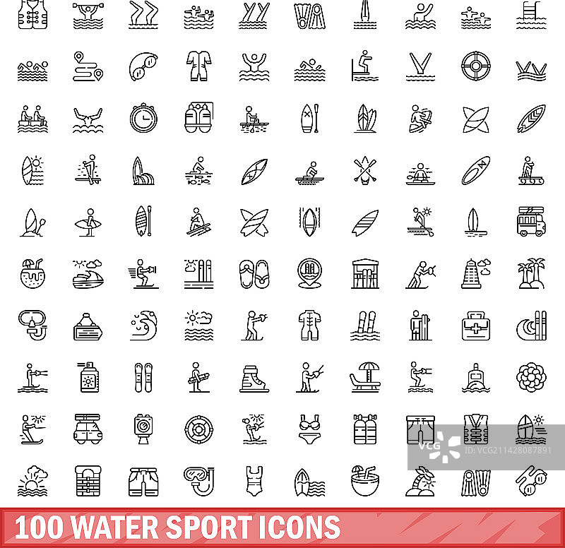 100个水上运动图标设定轮廓风格图片素材