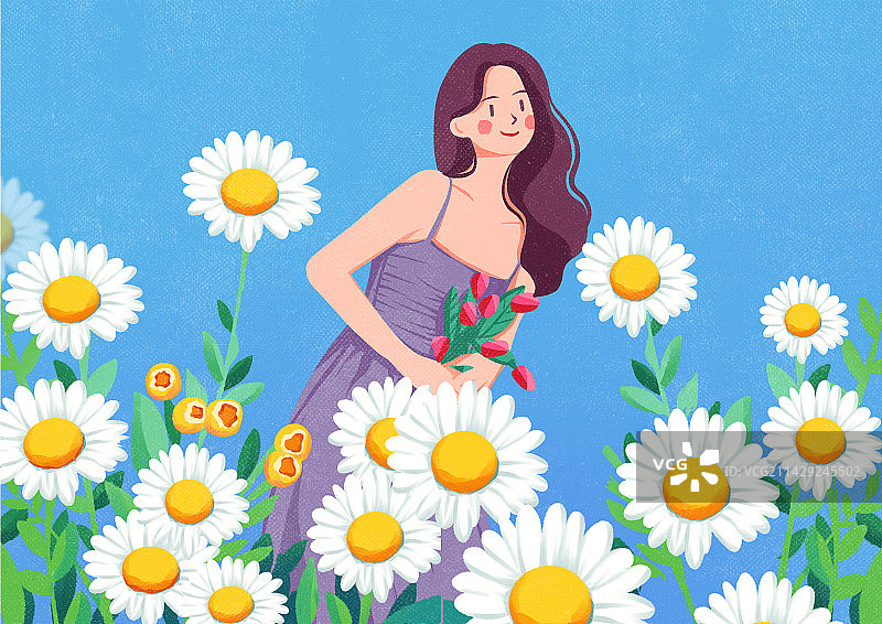 女人和植物鲜花清新文艺插画图片素材