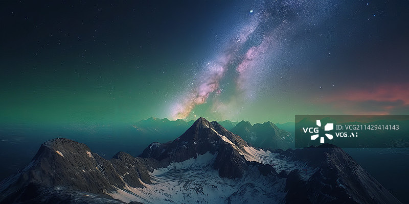 【AI数字艺术】夜空映衬群山的极光银河景色图片素材