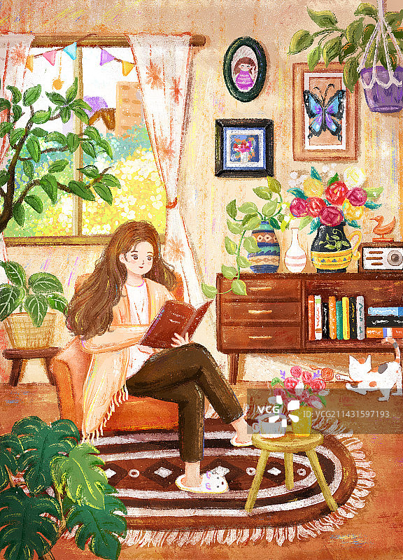 独处生活房间看书的女孩图片素材
