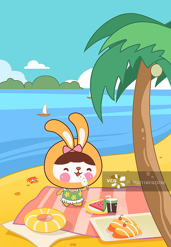 夏天在海滩上野餐的可爱兔子图片素材