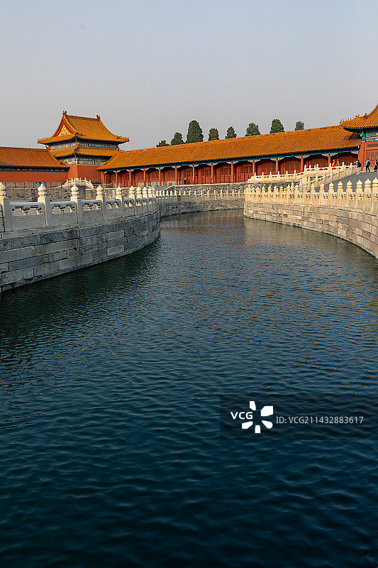 黄昏日落暖暖的阳光照在北京故宫清澈的金水河和栏杆上图片素材