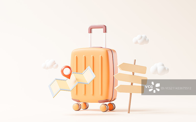 卡通行李箱与旅行主题3D渲染图片素材