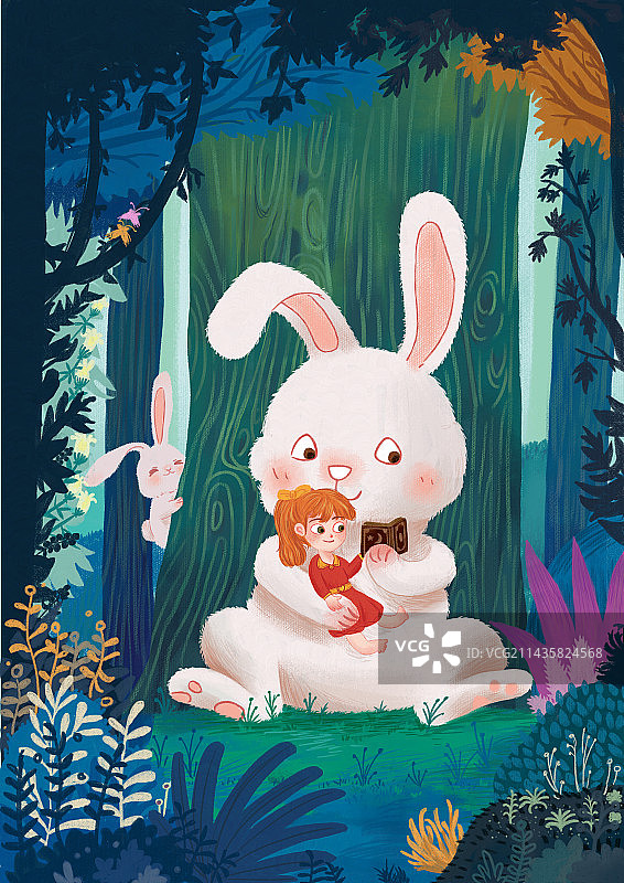 森林里看书的女孩和大兔子图片素材