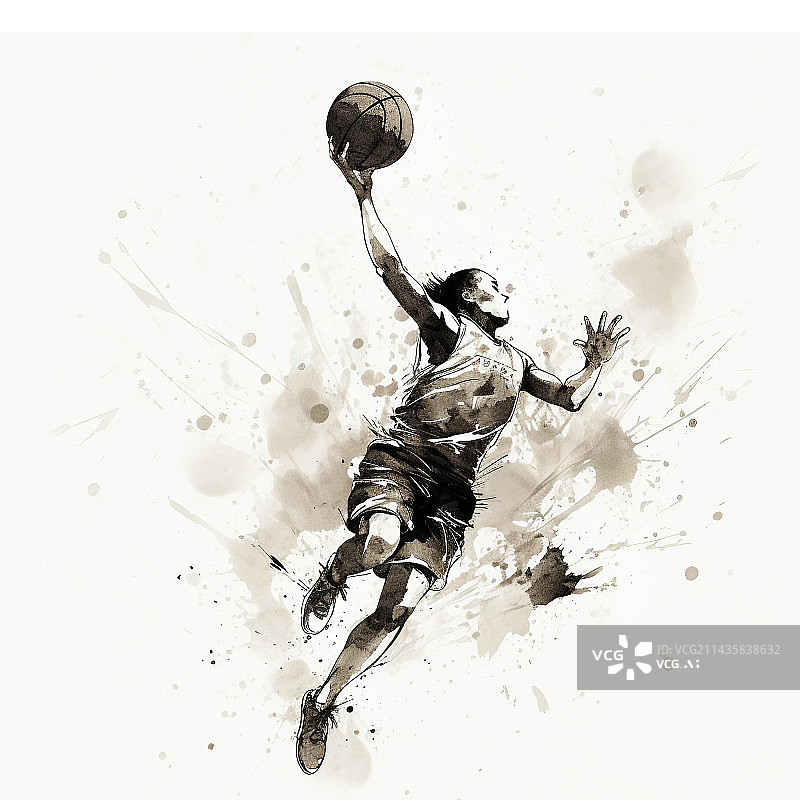 【AI数字艺术】中国水墨风篮球运动员图片素材