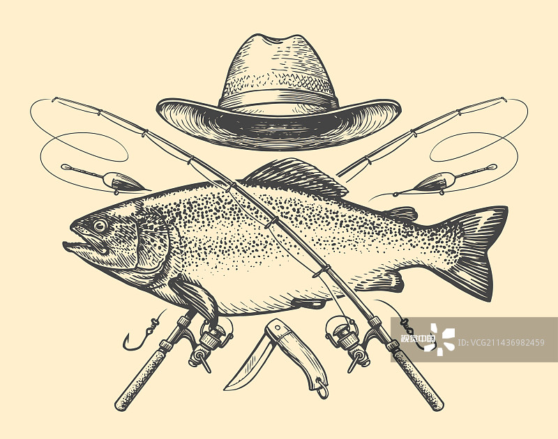 钓鱼徽章在复古雕刻风格鱼图片素材