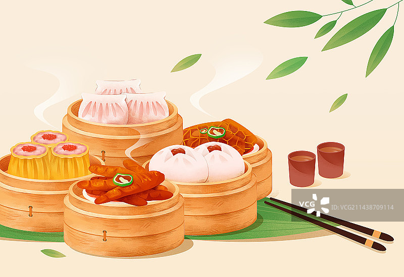 粤式早茶小吃美食插画图片素材