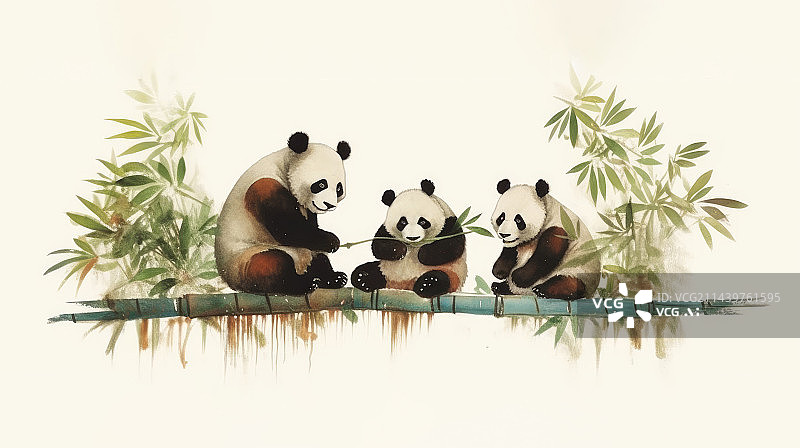 【AI数字艺术】三只可爱的熊猫在竹林中，中国画风格图片素材