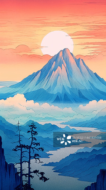 【AI数字艺术】日落时远山和天空的景色插画背景图片素材