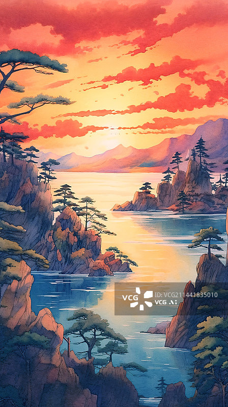 【AI数字艺术】日落时远山和天空的景色插画背景图片素材