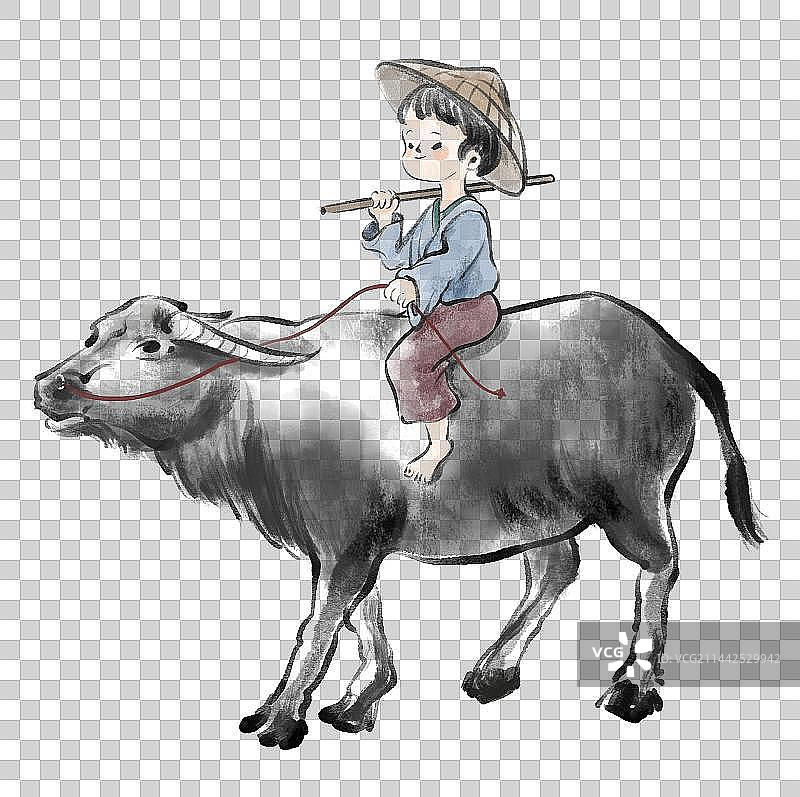 骑着牛的牧童，清明水墨国画国风插画图片素材