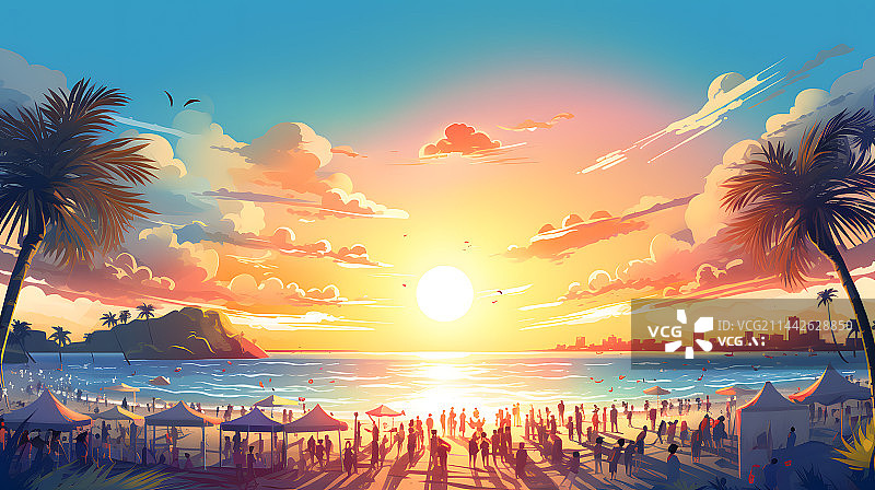 【AI数字艺术】日落时海滩上的人们在天空的映衬下剪影图片素材