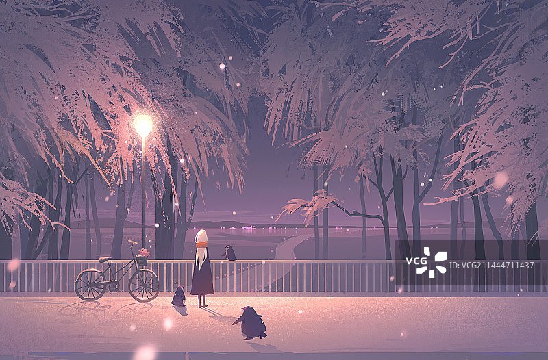 冬天下雪夜晚少女和企鹅站在桥上看远处的风景图片素材