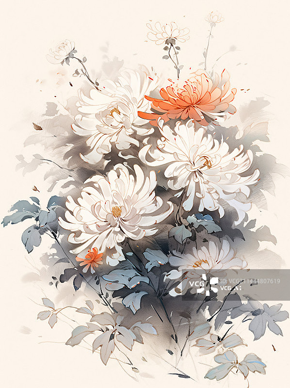 【AI数字艺术】白色菊花的国画水墨画插画图片素材