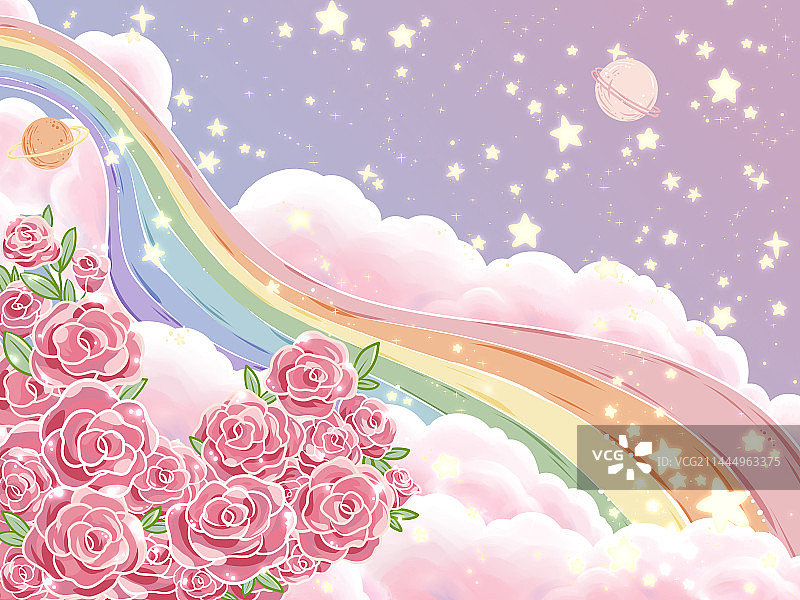 玫瑰宇宙星球彩虹桥梦幻云端梦境背景插画图片素材