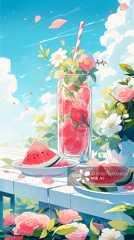 【AI数字艺术】西瓜汁饮品插画图片素材