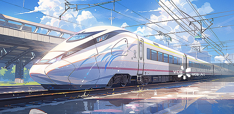【AI数字艺术】高铁在铁轨上的插画背景图片素材