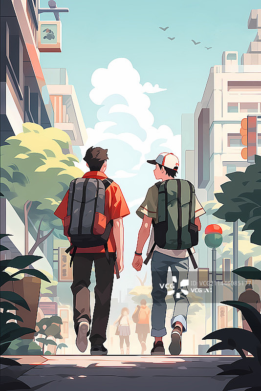 【AI数字艺术】两个背着包的男生在街道山行走图片素材