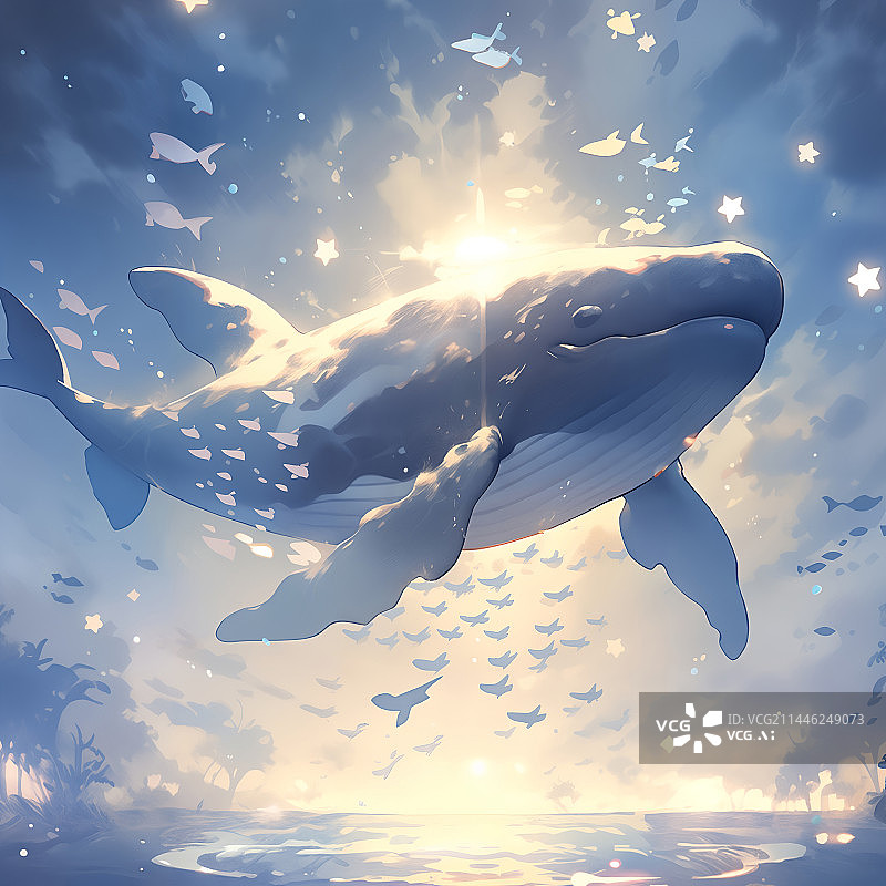 【AI数字艺术】天空中漂浮的鲸鱼星光治愈插画图片素材