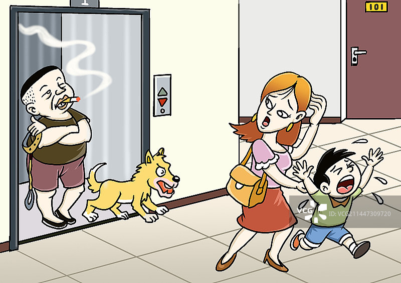 业主不栓狗绳遛狗，在电梯间吓坏母子图片素材