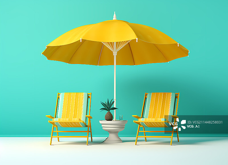 【AI数字艺术】3D遮阳伞沙滩椅场景图片素材