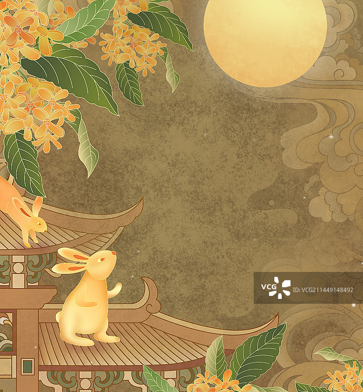 屋顶上兔子望月中秋背景图片素材