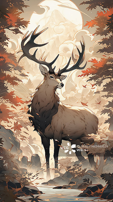 【AI数字艺术】秋天树林中的麋鹿插画图片素材