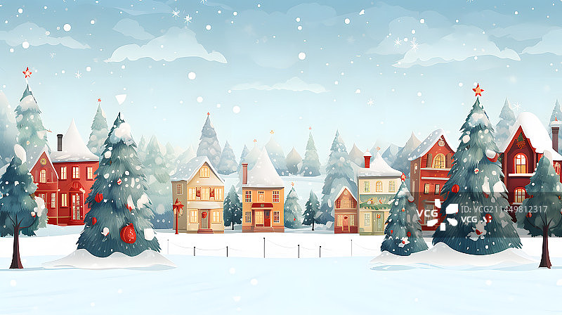 【AI数字艺术】冬天圣诞节下雪后的房屋卡通图片素材