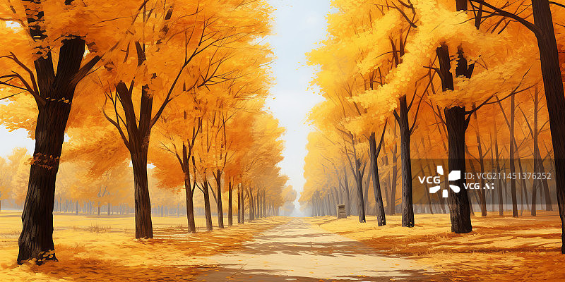 【AI数字艺术】秋天道路黄色银杏树银杏大道插画背景图图片素材