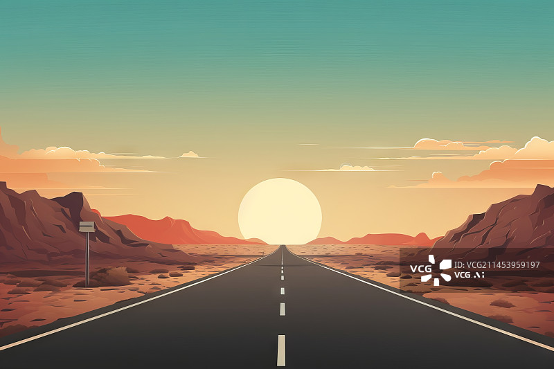 【AI数字艺术】沙漠戈壁滩公路日落插画图片素材