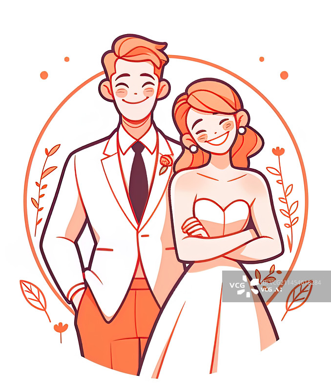 【AI数字艺术】卡通穿着结婚礼服的一对新人插画图片素材
