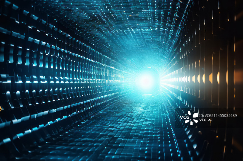 【AI数字艺术】蓝色发光科技感隧道通道背景图图片素材