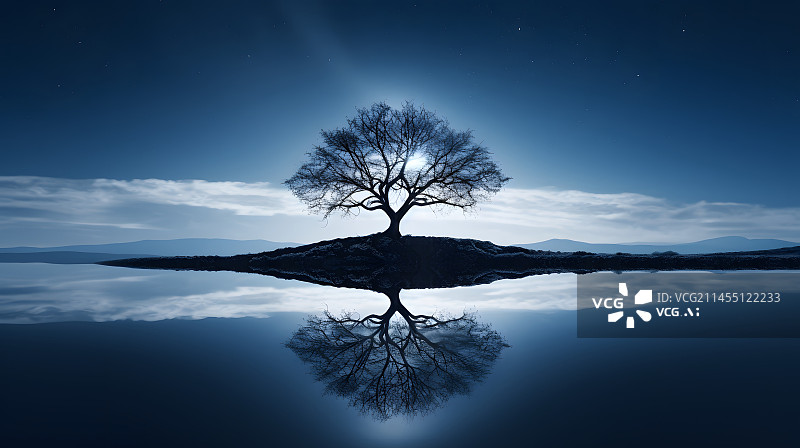 【AI数字艺术】数码蓝色水面小树倒影场景图形海报网页PPT背景图片素材