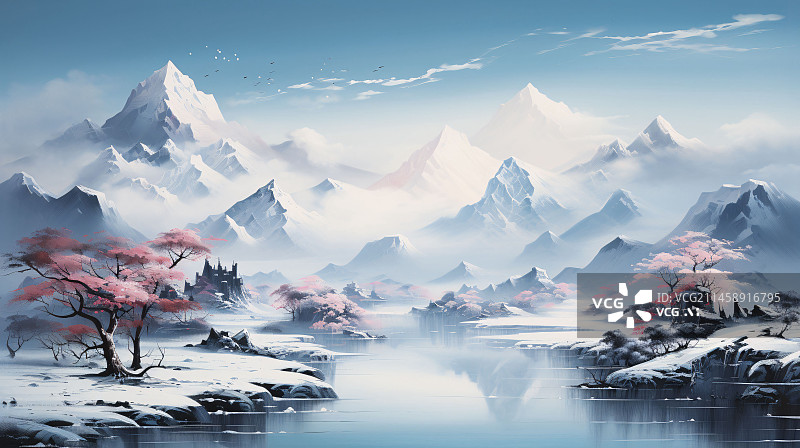 【AI数字艺术】中国风蓝色山水插画，国风山水自然意境背景插图图片素材