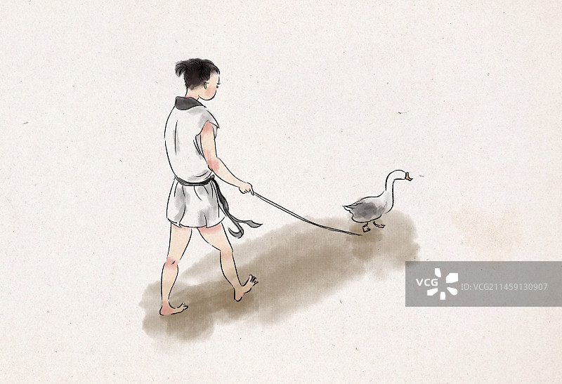 中国风新中式古风古典传统文化古装古人古代小孩童子乡下赶鸭子趣味插画图片素材