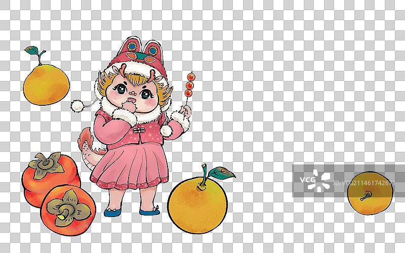2024年龙年春节祝福语系列插画元素-龙吉祥物抱着橙子与柿子-心想事成图片素材