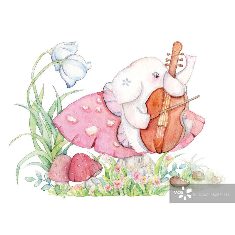 坐在花丛中的儿童节艺术表演活动演出呆萌的小动物小白象歌手弹小提琴图片素材