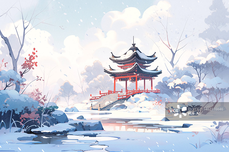 【AI数字艺术】冬至立冬节气概念插图，中国风古建筑城市景点雪景插画图片素材