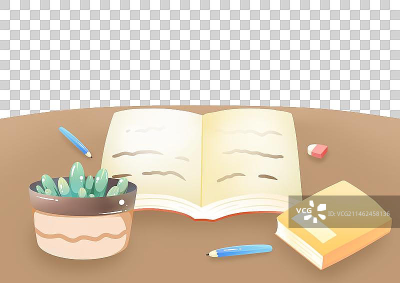 放着小盆栽、书本与文具的书桌，清新卡通教育学习素材图片素材