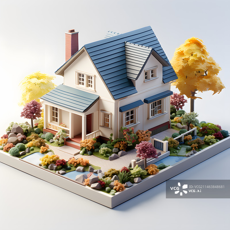 【AI数字艺术】3D别墅建筑模型私家花园图片素材