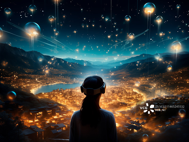 【AI数字艺术】元宇宙科技概念背景图，夜幕中坐在灯火通明的城市里的女人的后视图图片素材