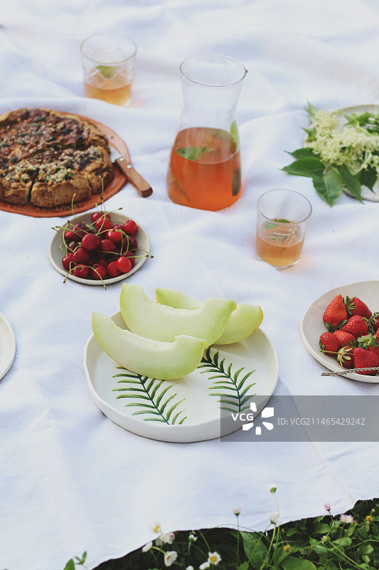 塞尔维亚，野餐毯上的水果的高角度视图图片素材
