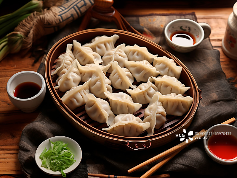 【AI数字艺术】桌上盘子里的饺子特写镜头，春节饺子图片素材