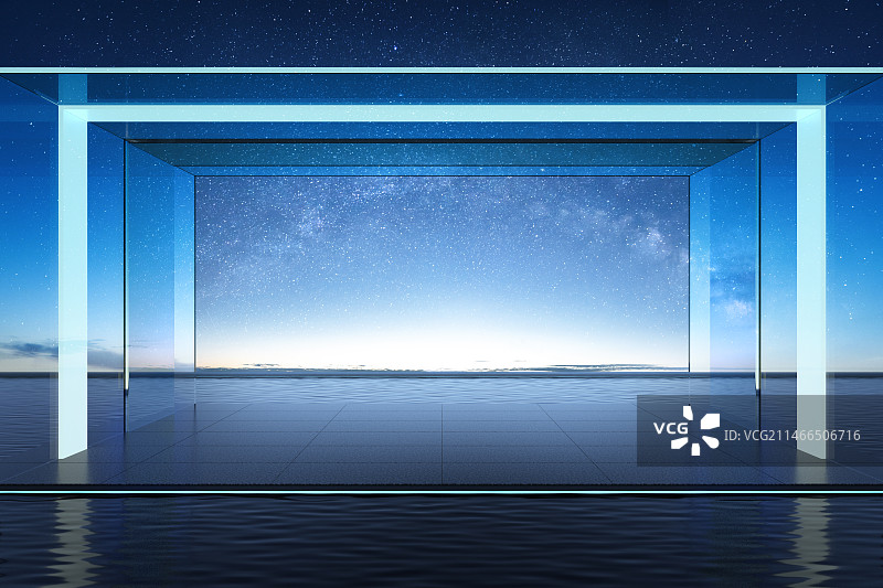 水面上平台与玻璃幕形成的现代建筑空间，未来科技风格背景图片素材