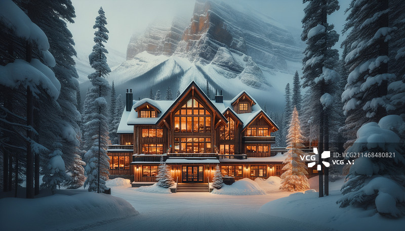 【AI数字艺术】雪山下的民宿酒店，建筑空间设计图片素材