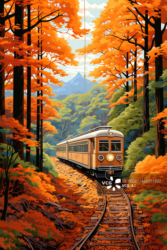 【AI数字艺术】秋天丛林中的火车图片素材